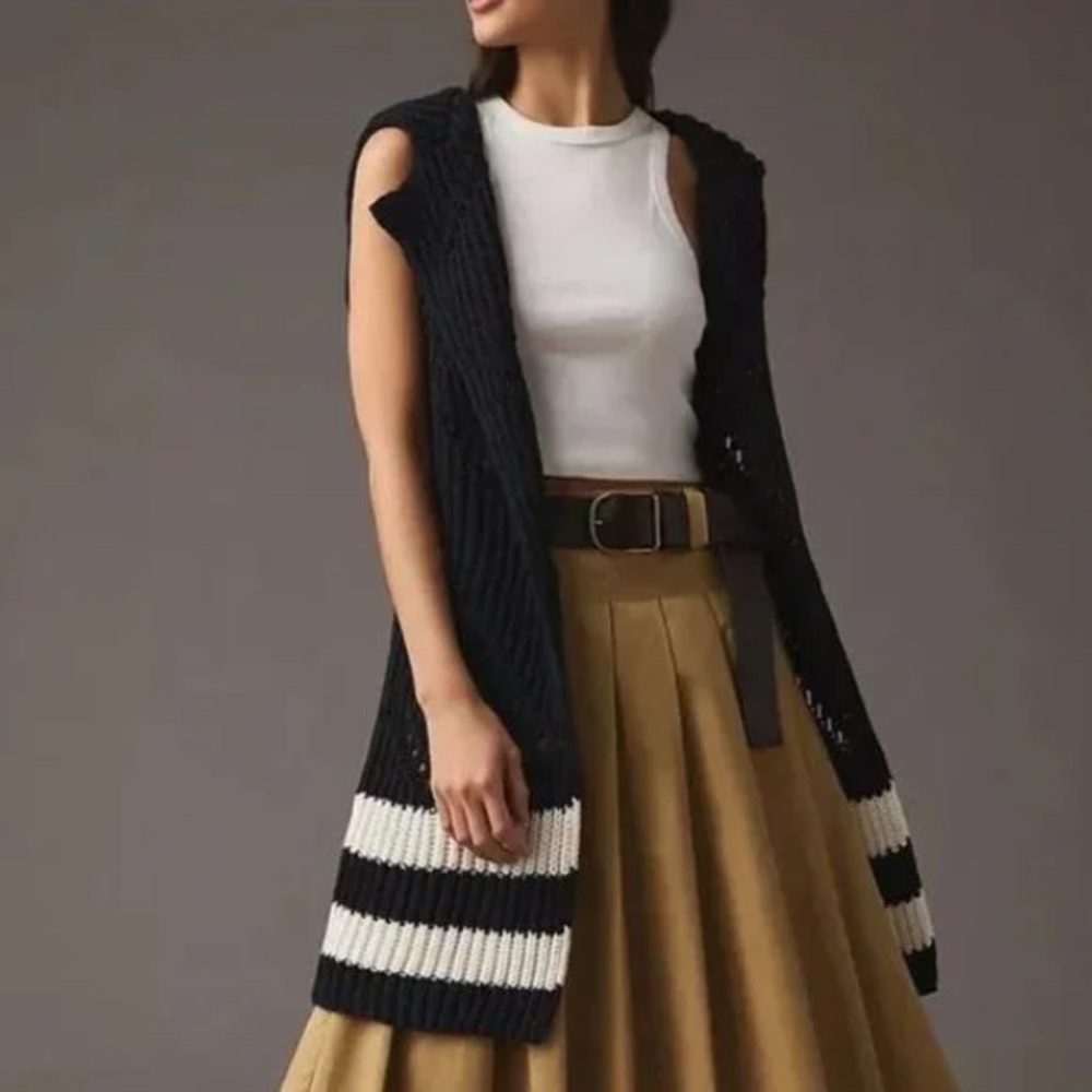 Anthropologie Maeve Striped Sleeveless Sweater Duster XS/S | Chunky Navy Knit